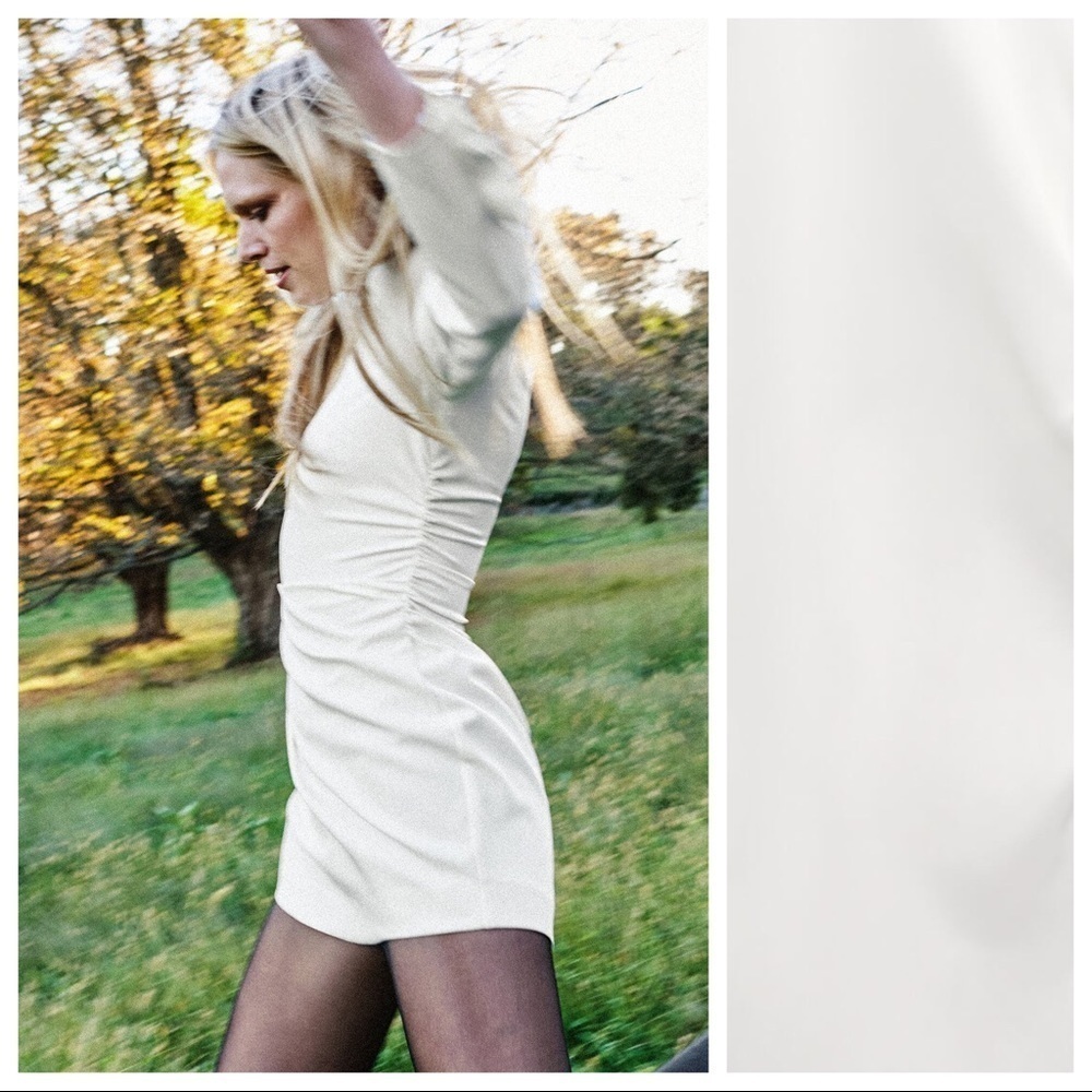 🌹NWT. Zara Ecru Mini Dress with Ruching, High Collar. Size S. - Picture 3 of 9